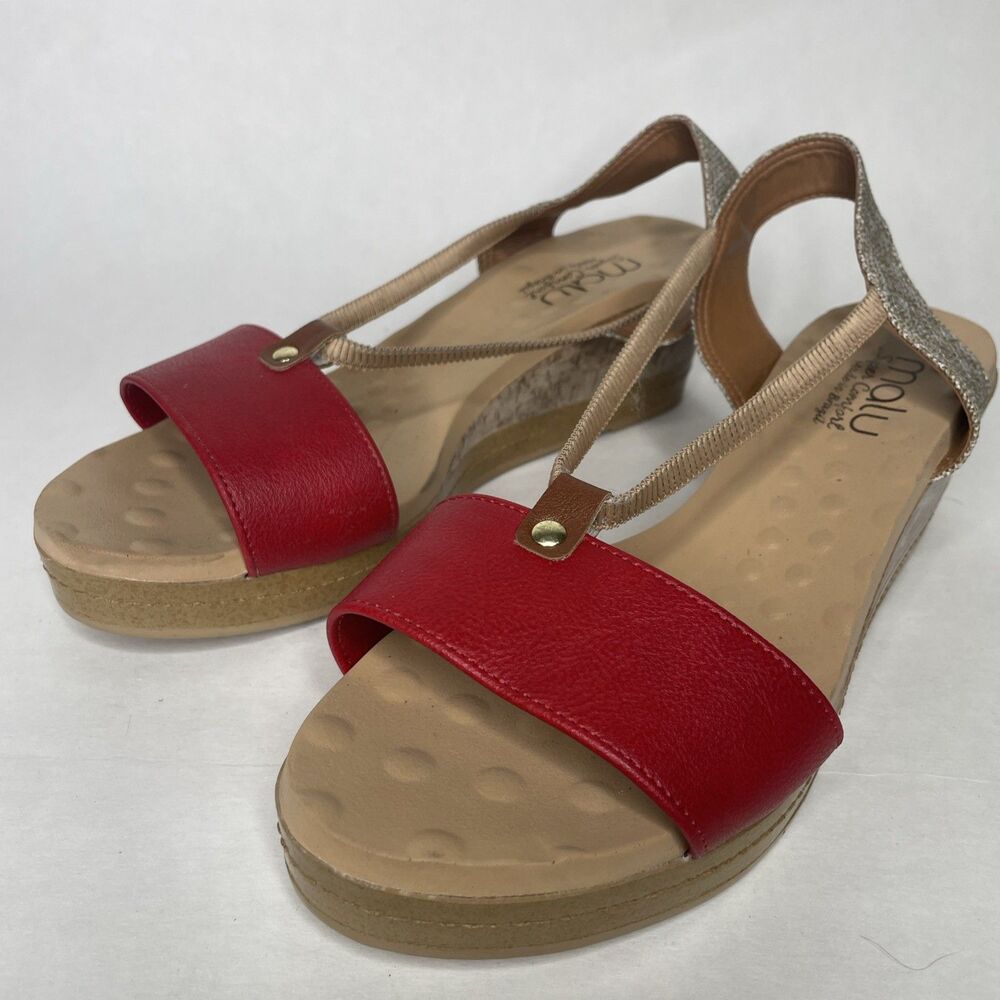 Malu Super Comfort Wedge Sandals Womens 7 Red Beige Elastic Strap -Brazilian
